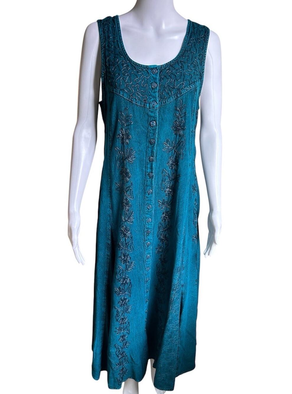 Sakkas NWT Embroidered Maxi Dress Womens S/M Teal Blue Rayon Boho Festival